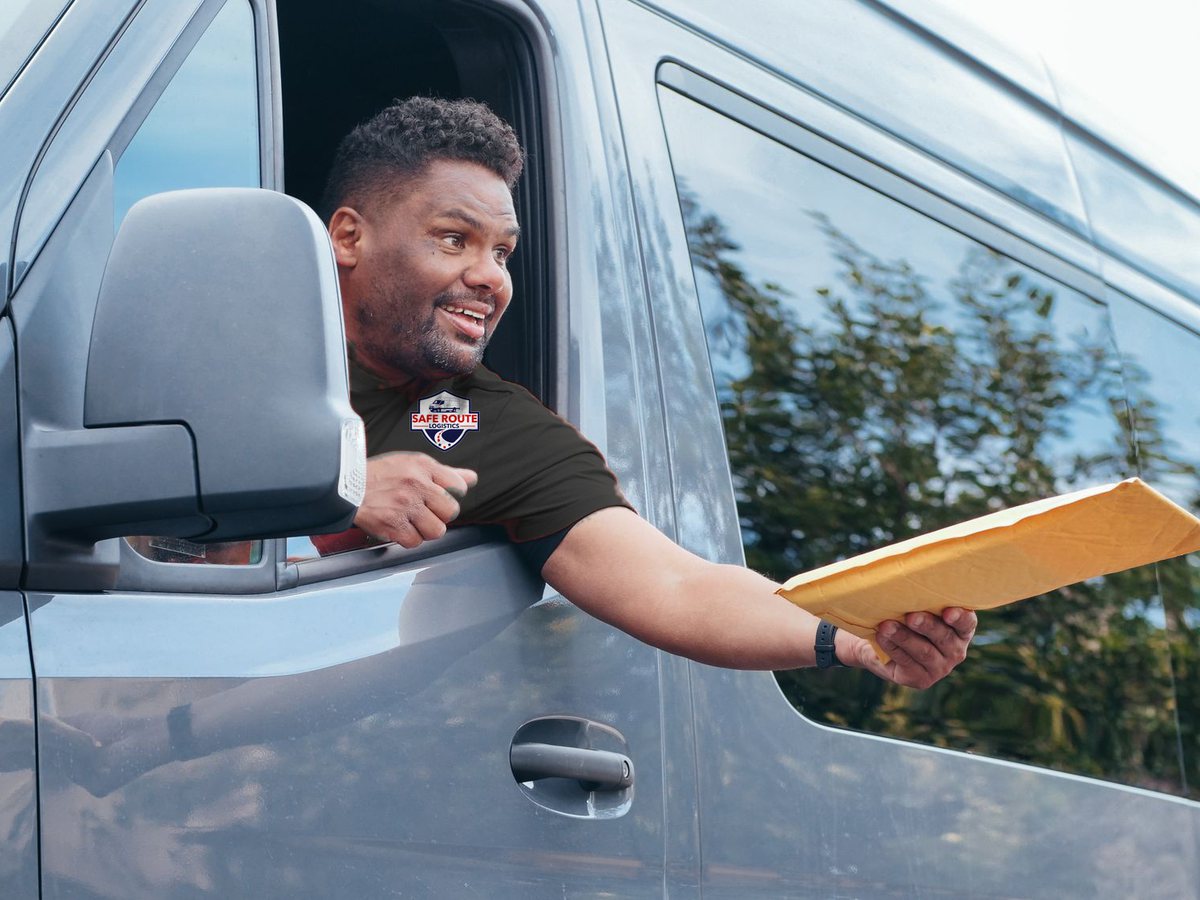 A Safe Route Logistics driver handing a parcel from the cab of a Sprinter van