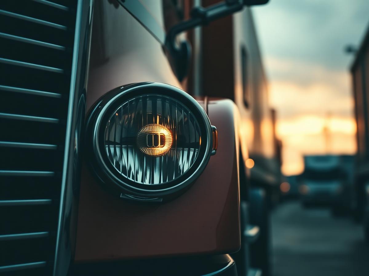 Close-up of a Safe Route truck headlight at dusk